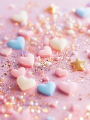 Leinwandbilder - Dreamy pastel pink background adorned with tiny hearts, stars, and sparkles creates a whimsical and cute atmosphere for fun and creativity