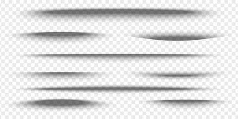 Fototapete - Set of package or box shadow mockups. Different realistic soft grey shapes. Light overlay effects. Shades isolated on transparent background. Vector realistic illustration.