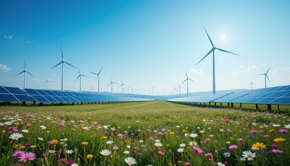 Renewable Energy Field With Wind Turbines and Solar Panels Under a Clear Blue Sky in a Vibrant Landscape