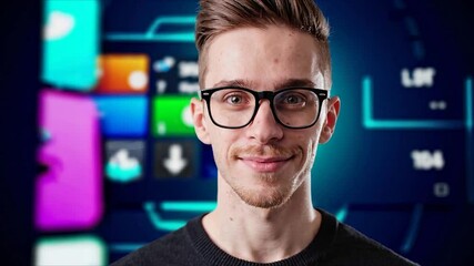 Confident software developer smiling while colorful application icons change in the background, suggesting involvement in app development or showcasing a portfolio of projects