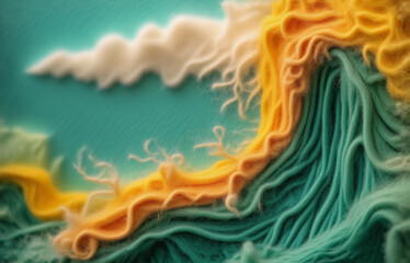 Wall Mural - abstract textured image showing a large wave with swirling teal and yellow colors. white fluffy clou