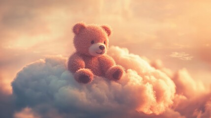 Leinwandbilder - Teddy bear rests on a small cloud under a pastel evening sky creating a dreamy atmosphere for relaxation and comfort