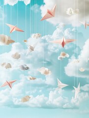 Aufkleber - Hanging paper planes float dreamily among soft clouds in a light and whimsical sky composition