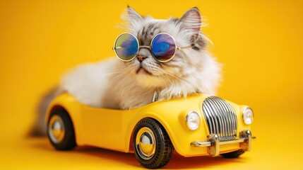  Cute cat with stylish round sunglasses in toy car on yellow background.  