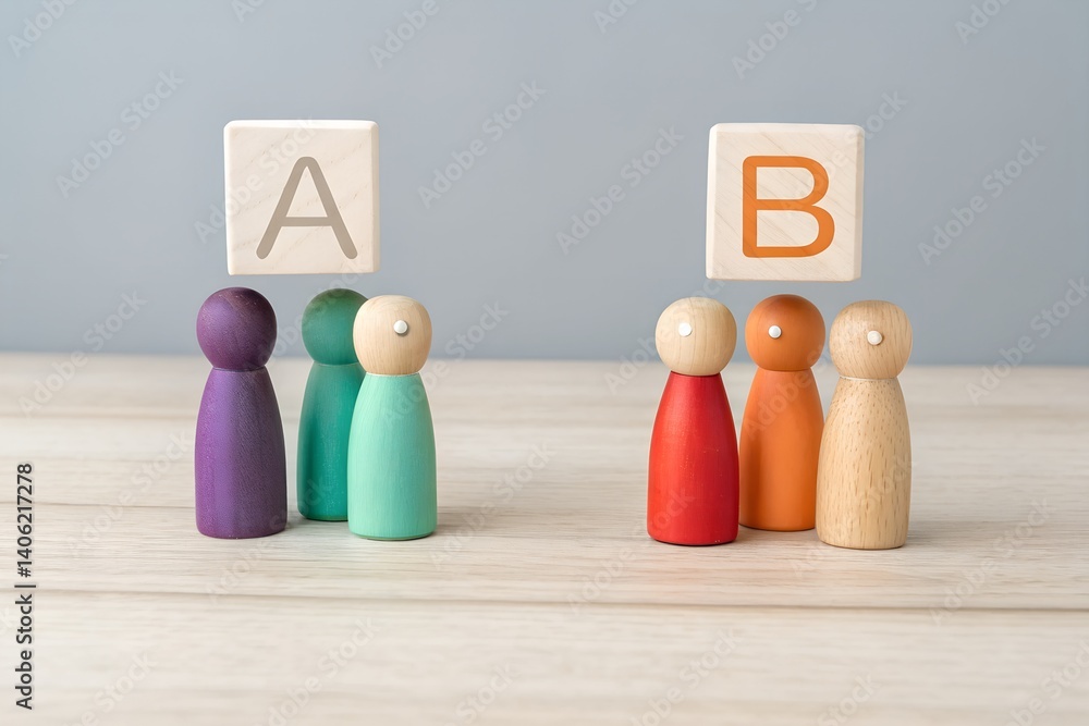 What Represents Options Choice and Comparison: Two groups of small wooden figurines represent ...
