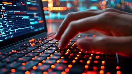 Night coder typing code on laptop, city bokeh