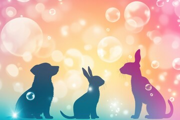 Aufkleber - Stylized silhouette art featuring playful animals with vibrant gradients and floating bubbles in a cheerful, colorful background