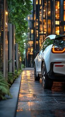 Naklejka na meble Electric car parked near building. Urban scenery