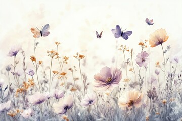 Poster - Watercolor floral field filled with butterflies in soft tones of purple and yellow during a serene afternoon