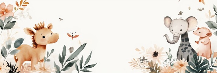 Fototapete - Delicate watercolor jungle animals create a soothing atmosphere in a neutral baby-themed space, perfect for nurseries and childrens rooms