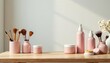 © Nook - Minimalist makeup station with skincare and hair care products on a clean wooden table, desk, decor
