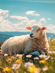 Fototapete - Soft sheep rests peacefully on a green hill beneath a colorful floral sky during a tranquil lapki spring afternoon