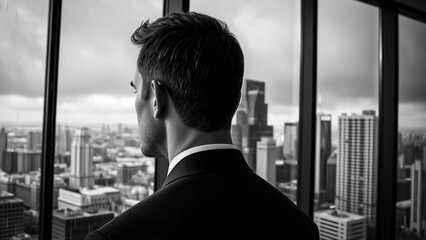 Aufkleber - A man, dressed in a dark suit, gazes out a tall office window overlooking a cityscape. The cloudy sky adds a touch of somber to the panoramic view. Hints: business, skyline, day, building, career.