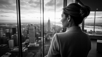 Aufkleber - A woman in a professional attire gazes at a vibrant cityscape through a large window during sunset, bathed in warm light, hinting at success, achievement, and the future.