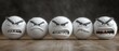 © AURA COLLECTIONS - Five white balls with angry cartoon faces. A study in frustration and displeasure