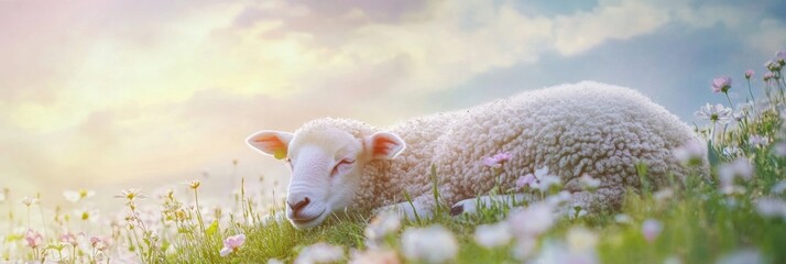 Poster - Soft sheep resting on a gentle hill surrounded by colorful flowers under a serene spring sky