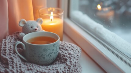 Poster - Cozy window sill with tea, candlelight, and a plush mouse during a quiet winter evening