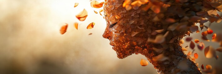 Poster - Soft wind creates ephemeral human shape from swirling flower petals at sunset in nature