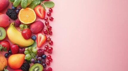 Fototapete - Colorful arrangement of fresh fruits and berries on soft pastel background showcasing vibrant natural beauty in minimal style