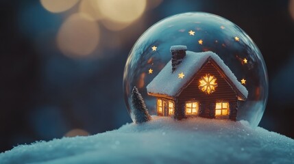 Poster - Cozy winter snow globe depicting a Lapki house with shining stars creating a magical atmosphere of warmth and nostalgia