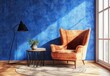 © PerfectPix - Cozy Living Space with Modern Armchair, Table, Decorative Plant, and Blue Textured Wall