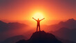 © Ernesto - Silhouetted man triumphs on a mountain at sunrise. Fiery halo, purple-to-orange sky. Symbol of perseverance and adventure.