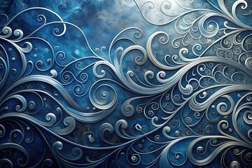 Wall Mural - Elegant Silver Filigree Design on a Deep Blue Textured Background, Perfect for Decorative Applications and Artistic Projects