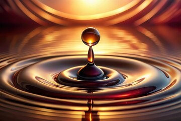Wall Mural - golden liquid droplet impacting a dark surface, creating concentric ripples and a radiant glow