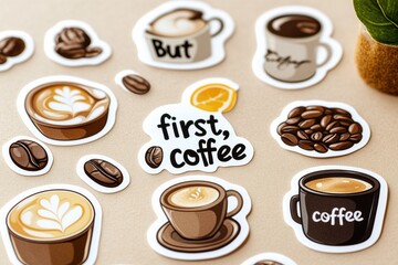 Aufkleber - Sticker set featuring coffee cups, beans, and motivational quotes on a soft brown background for coffee lovers and enthusiasts