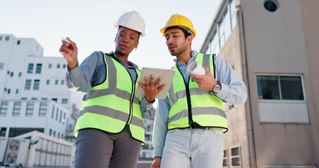 Aufkleber - Engineering, tablet and contractor with people in city for project management, digital blueprint and planning. Architecture, technology and structural design with teamwork for urban development