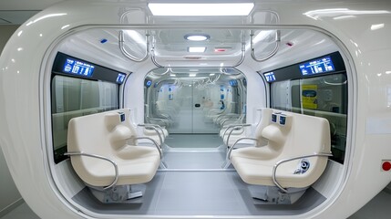 Leinwandbilder - A modern high speed monorail passenger cabin featuring sleek seating curved handrails and a bright illuminated interior design