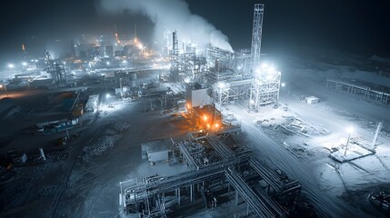 Aufkleber - Aerial infrared drone photograph capturing the intense activity and heat signatures of an extensive industrial complex operating at night with various structures pipes tanks