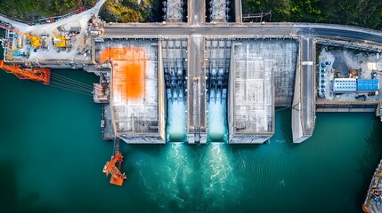 Poster - Aerial infrared view of a large hydroelectric dam revealing temperature differences between the concrete structures and the surrounding water