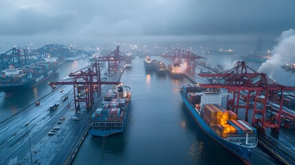 Poster - Aerial thermal view of a busy harbor at dusk showcasing the scale and activity of cargo ships containers and infrastructure as part of the global logistics and supply chain network