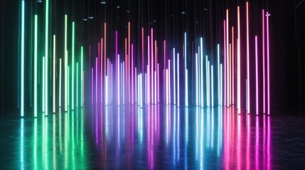 Aufkleber - Abstract neon light columns reflecting on dark surface