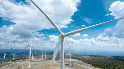 Leinwandbilder - An aerial view of a wind farm nestled in a scenic mountainous landscape with blue skies and fluffy clouds overhead