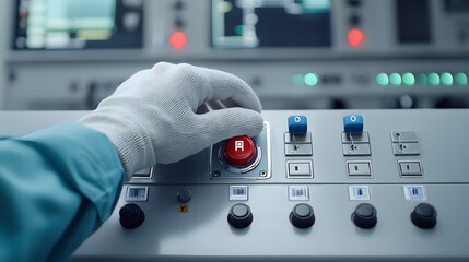Leinwandbilder - Close up view of a worker s gloved hand reaching out to press the red emergency stop button on an industrial control panel surrounded by various digital displays knobs and switches