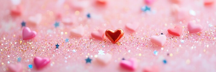 Leinwandbilder - Dreamy pastel pink background adorned with tiny sticker hearts, stars, and sparkles creating a whimsical atmosphere