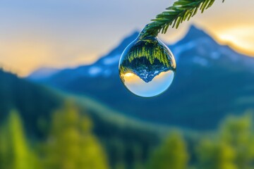 Fototapete - Droplet reflects stunning mountain and forest landscape with vibrant colors at sunset