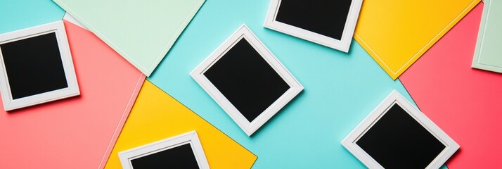 Fototapete - White polaroid frames scattered on a vibrant background offering opportunities for creativity and nostalgia
