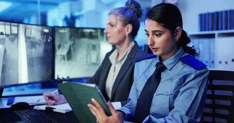 Poster - Women, security and tablet with talk by screen for writing, planning and strategy for surveillance. People, computer monitor and alert for danger on application, advice and notes for safety services