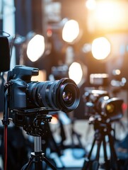 Poster - Capturing moments with camera gear surrounded by soft studio lighting in a vibrant setting showcasing industry tools