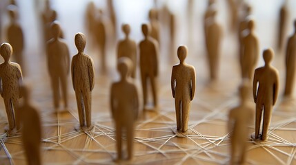 wooden figures stand interconnected, symbolizing networks and relationships in a conceptual display 