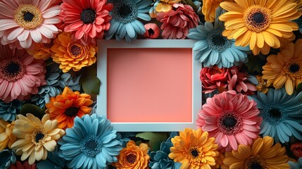 Wall Mural - 3d flat lay with white square frame and colorful flowers on pink background