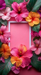 Wall Mural - 3d flat lay with white square frame and colorful flowers on pink background