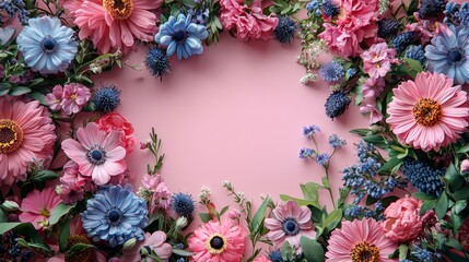 Wall Mural - 3d flat lay with white square frame and colorful flowers on pink background