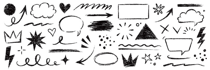 Aufkleber - Arrow line hand drawn brush sketch element set. Grunge square, heart, arrow element scribble line brush hand drawn sketch design. Texture abstract chalk, crayon pencil style. Vector illustration