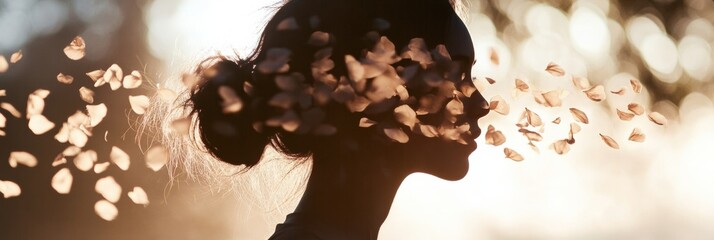 Poster - Soft wind swirls flower petals, forming a human shape in nature at sunset