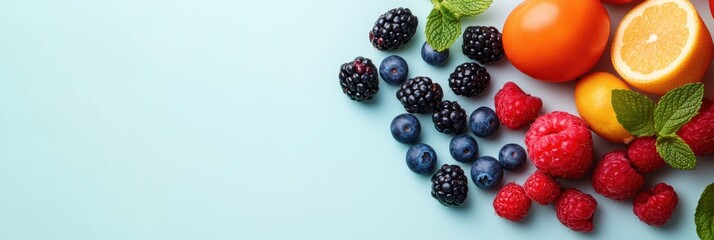 Aufkleber - Fresh fruits and berries arranged beautifully on a soft pastel background with a minimal style creating a vibrant composition
