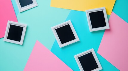 Fototapete - Polaroid frames arranged on a vibrant flat surface ready for creative expression and memories